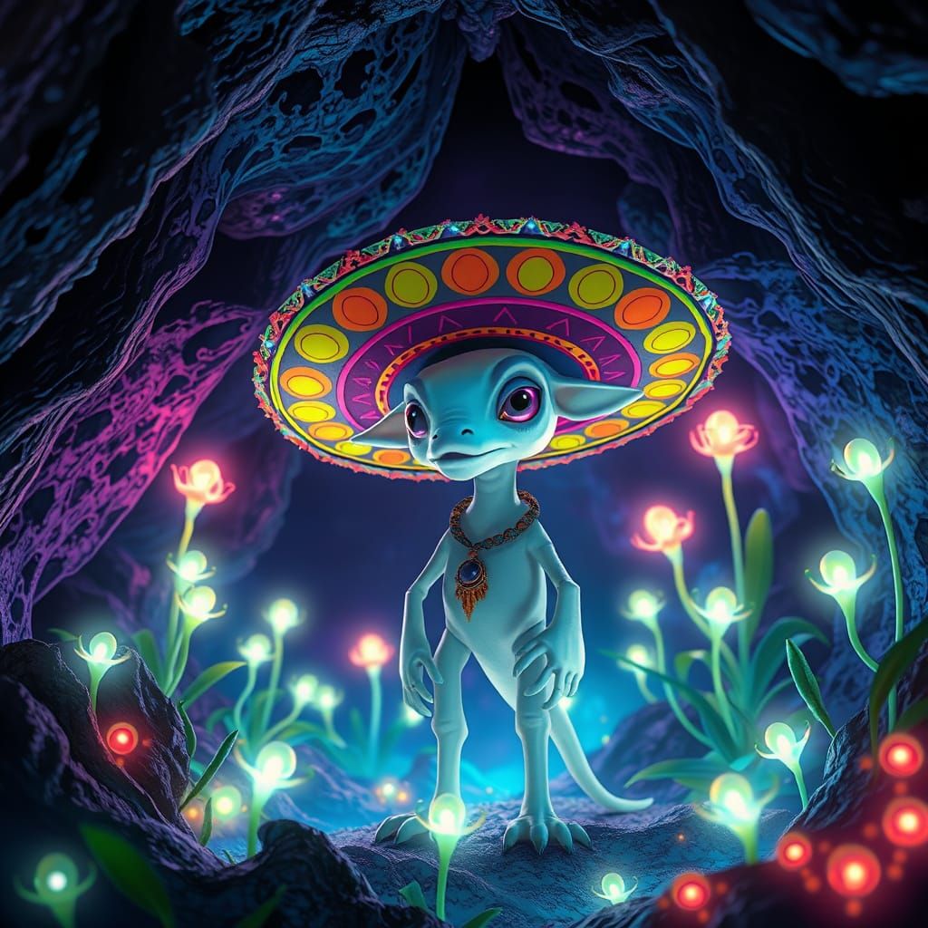 Albino Axolotl in Mystical Cave with Sombrero