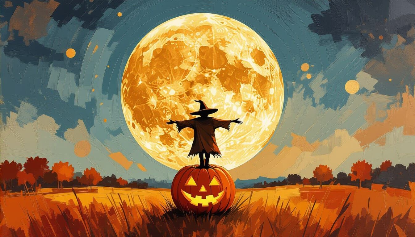 Textured Moonlight Scarecrow Painting in Autumn Style