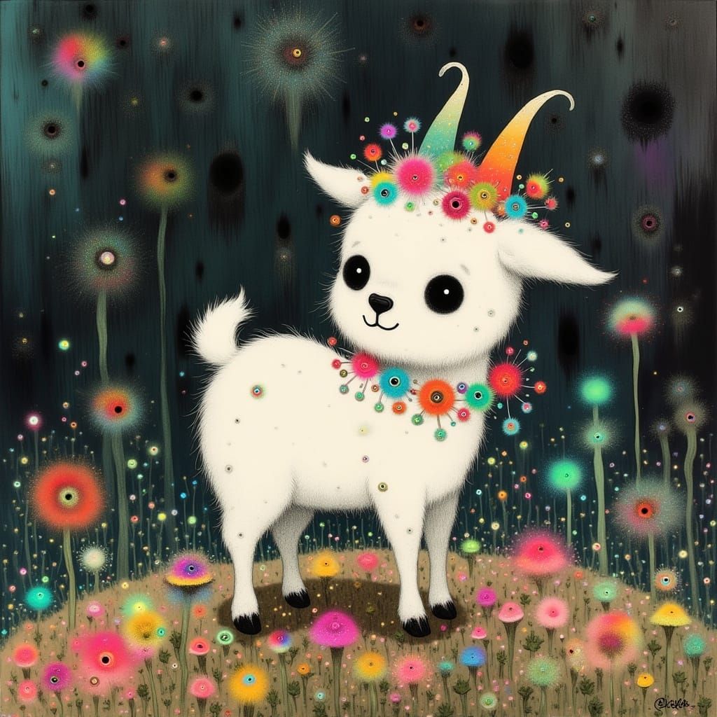 Whimsical Miniature Goat in Vibrant Fantasy Landscape