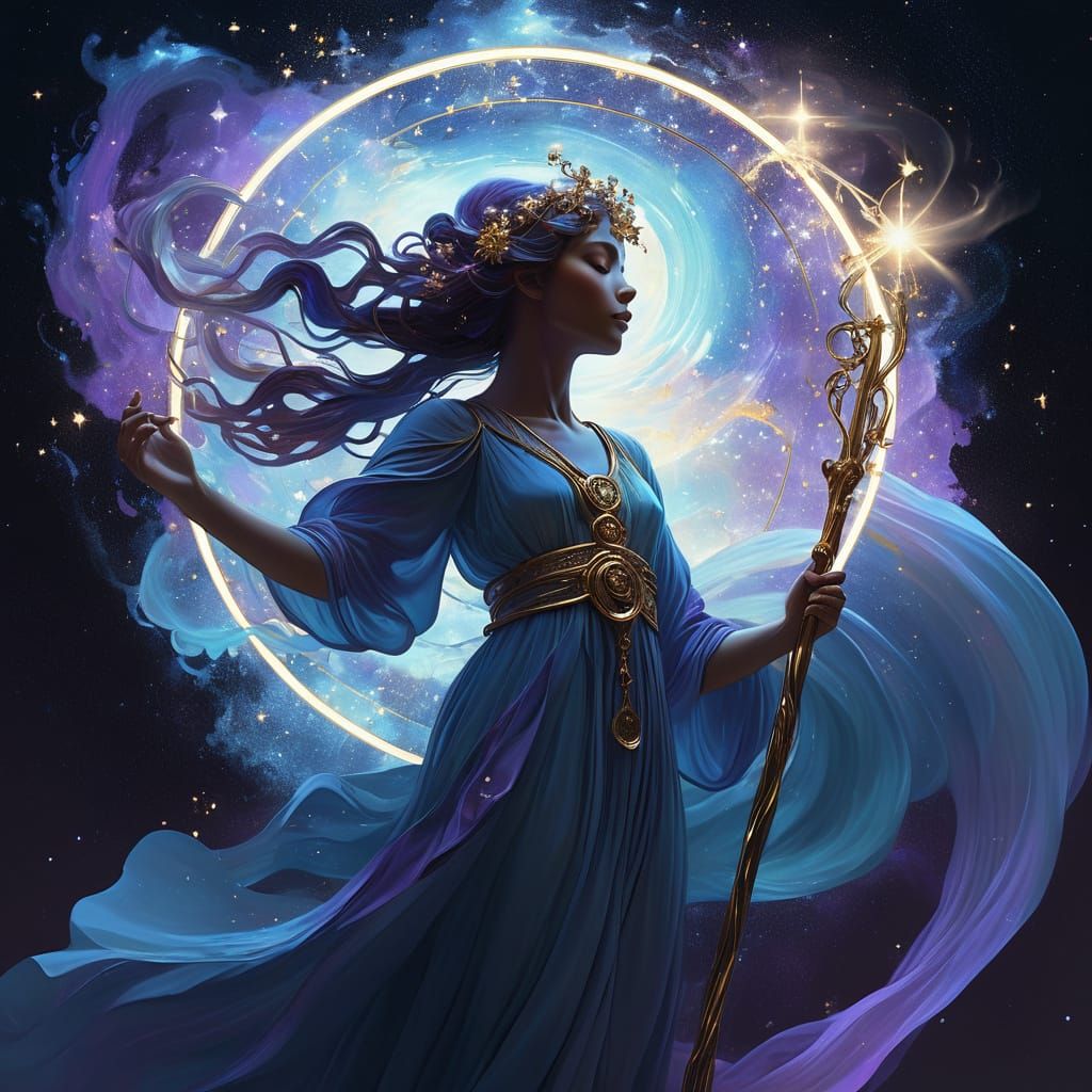 Ethereal Goddess Emerges from Nebula in Art Nouveau Style