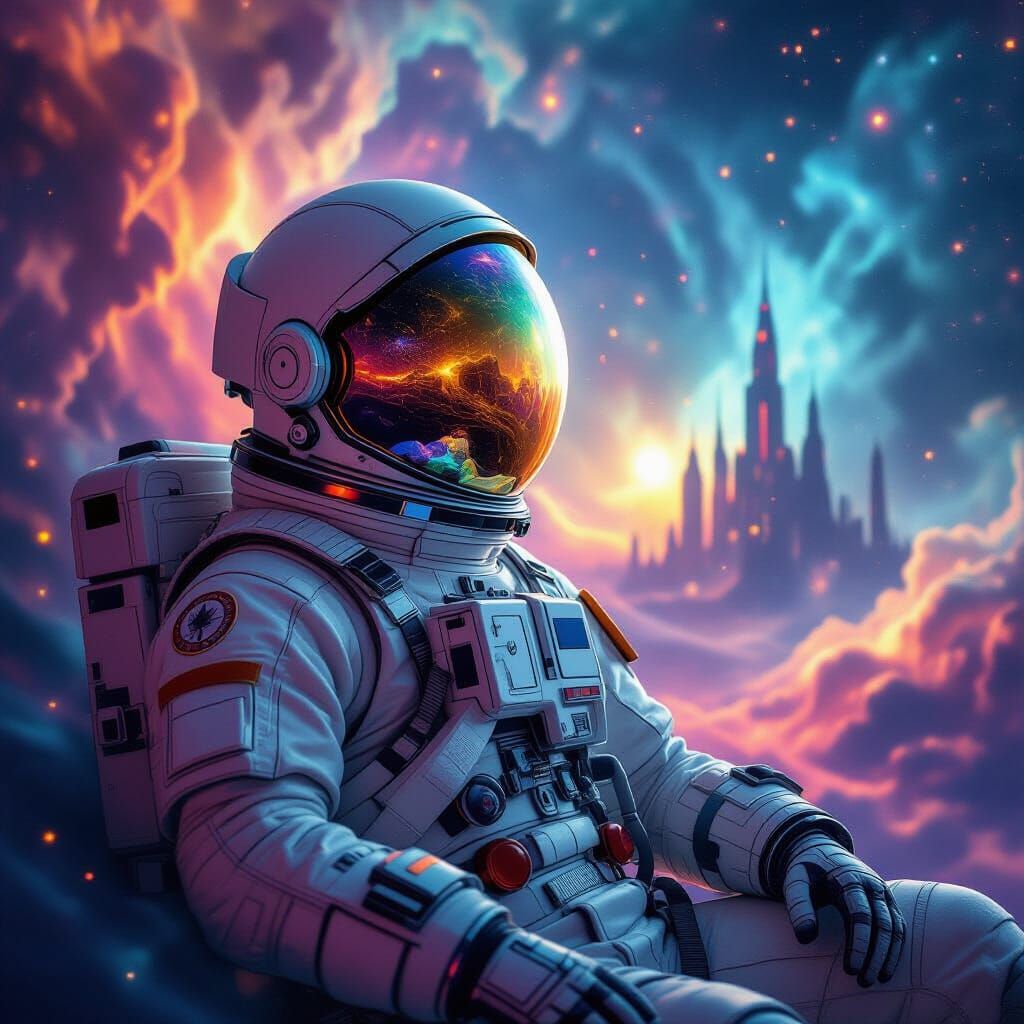 Astronaut Adrift in Cosmic Nebula Reflecting Alien City
