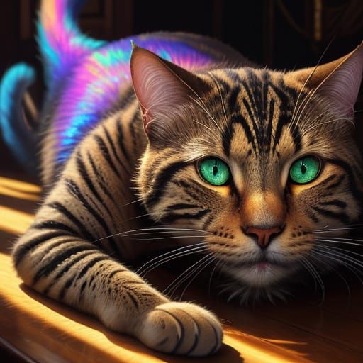 Renaissance Cat in Iridescent Light: A Surreal Oil Painting