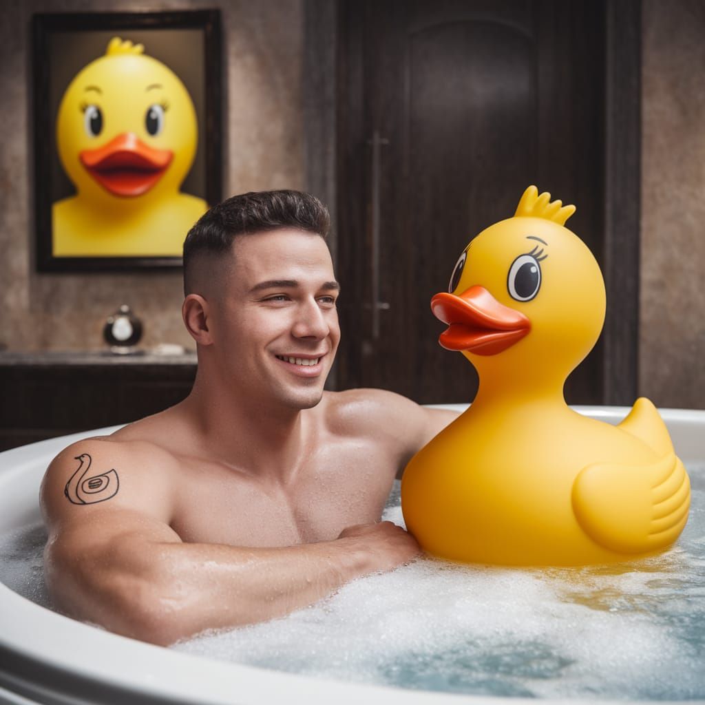 Hunky Man Relaxes with Happy Duck in Spa