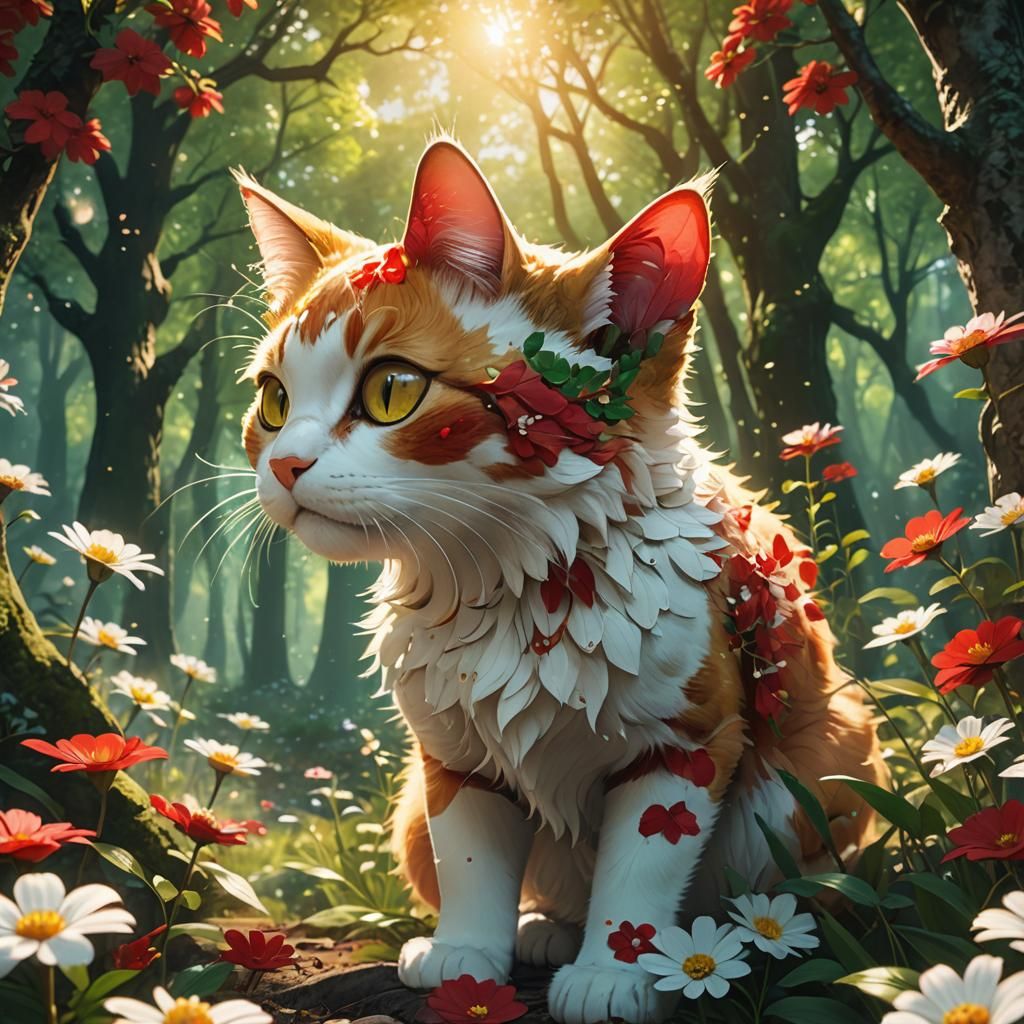 Anime Cat in Forest with Flowers, Fantasy Matte Painting