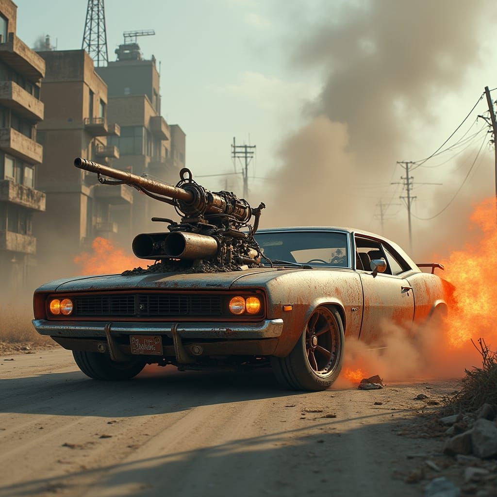 Armored Demolition Car in Abandoned Cityscape