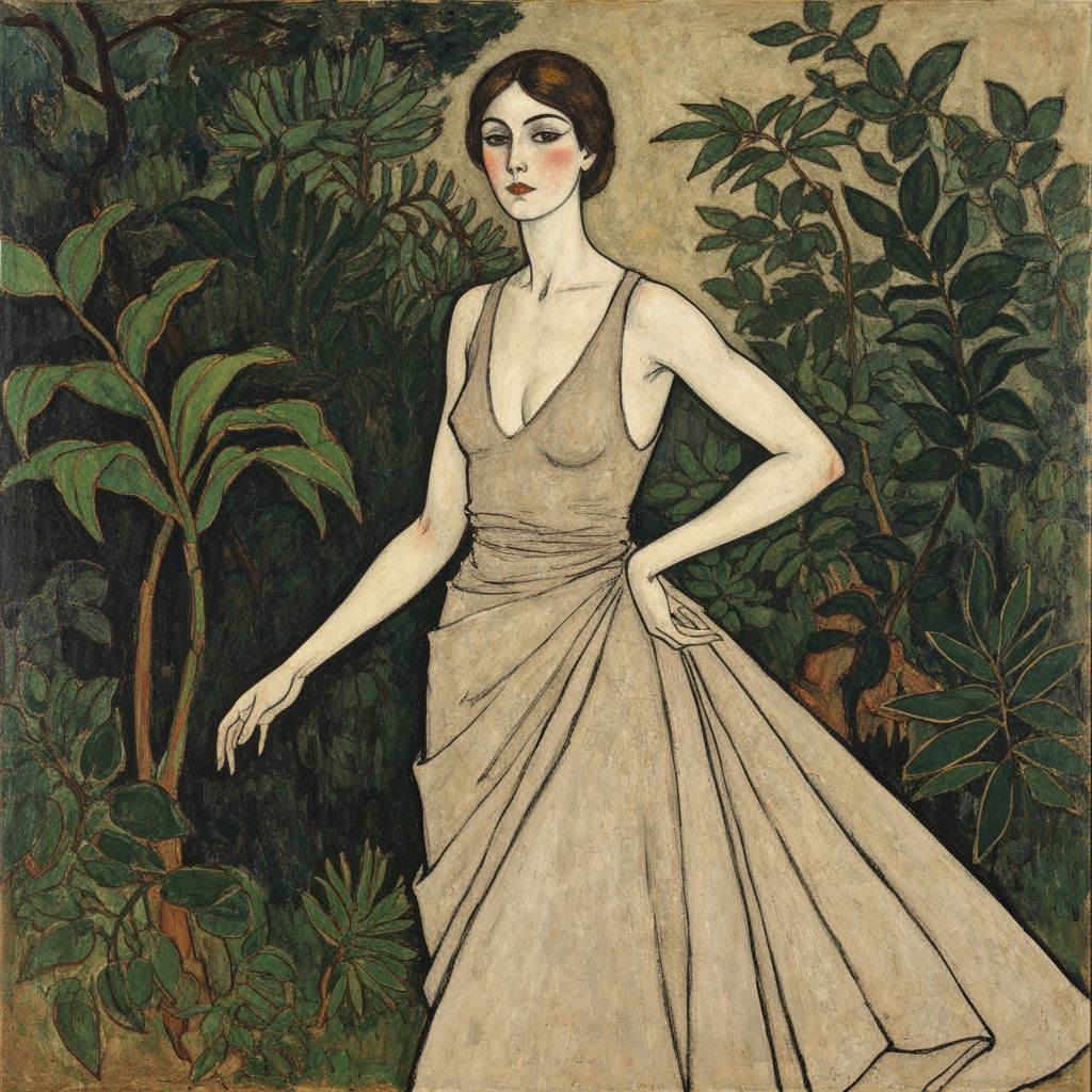 Elegant Woman in Flowing Attire: Modernist Portrait