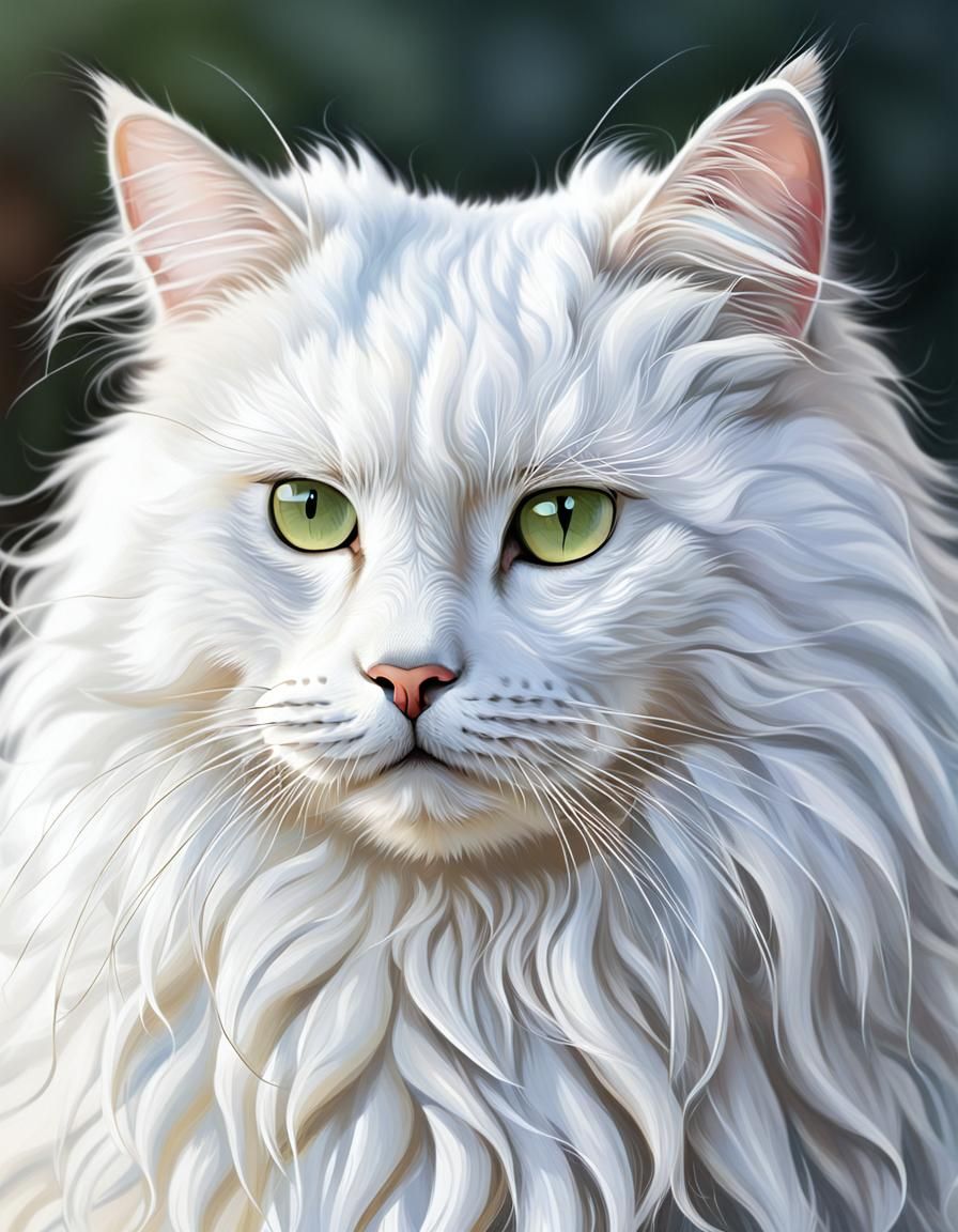 Detailed Long-Haired White Cat Portrait