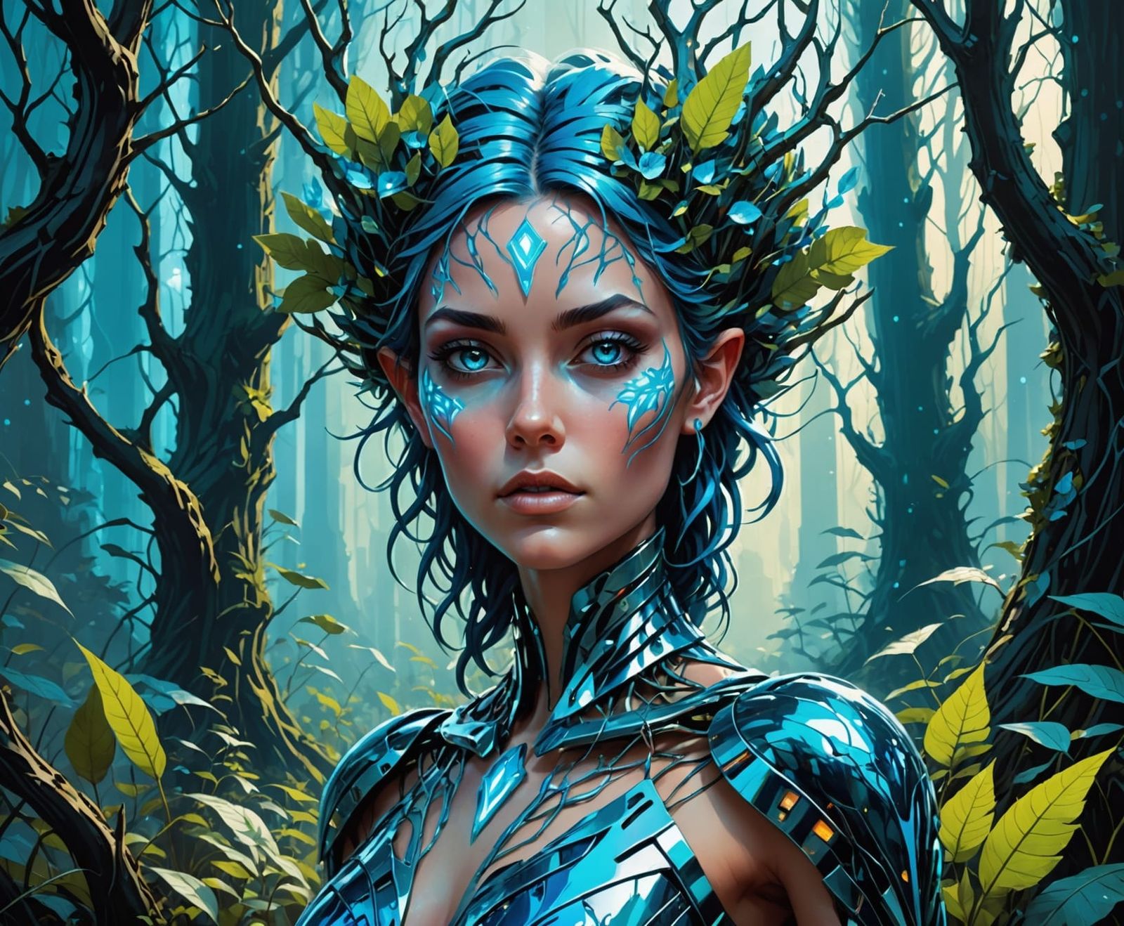 Chrome Dryad Emerges From Bioluminescent Cyberpunk Forest