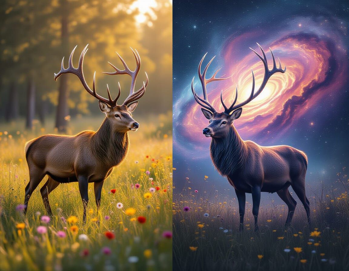 Stag Transformation: Meadow to Mythical Nebula in Split Imag...