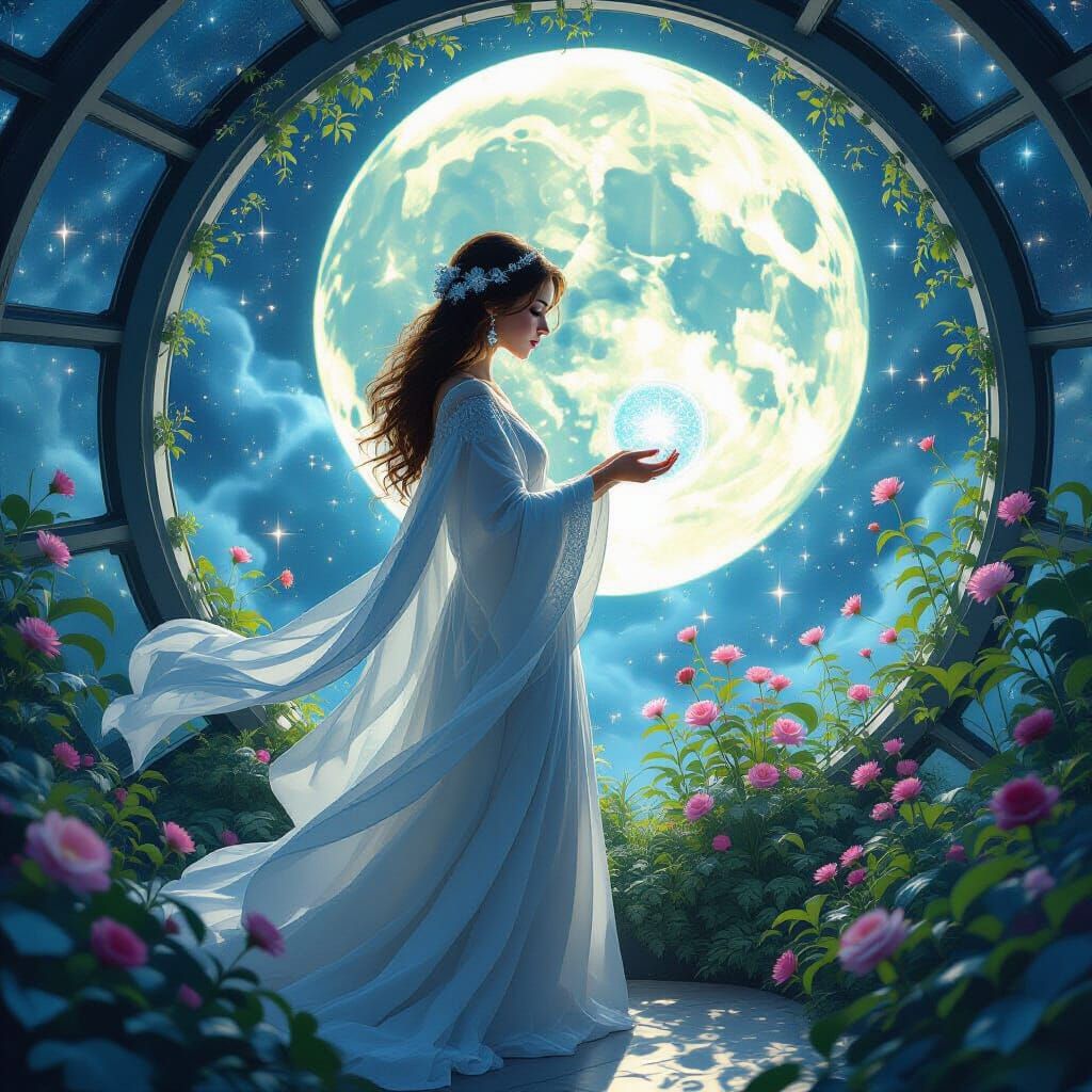 Celestial Gardener in Asteroid Greenhouse, Art Nouveau Style