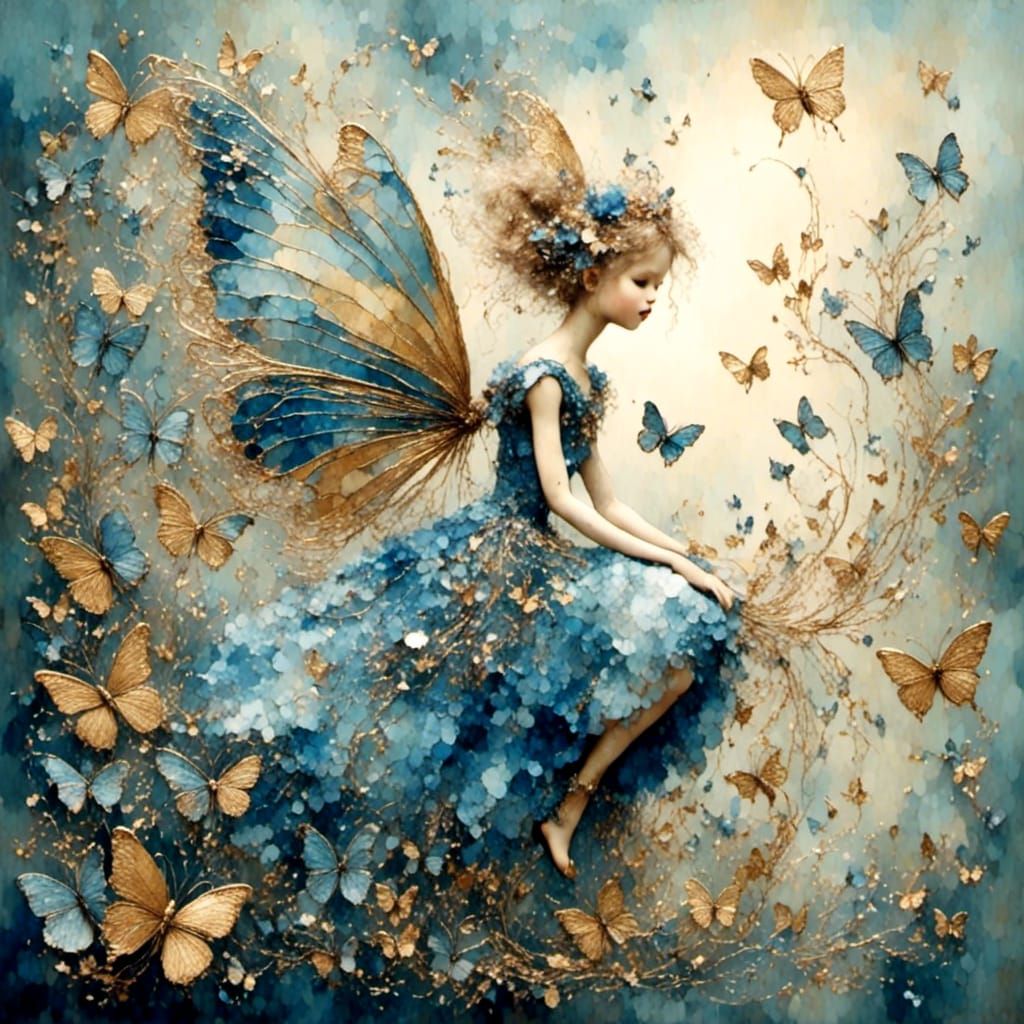 Pixie Riding Butterfly in Antique Style