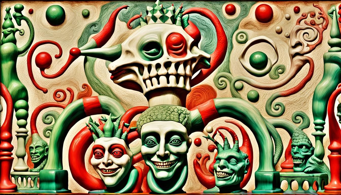 two crazy jesters laughing, H.R. Giger, psychedelic 3D chess...