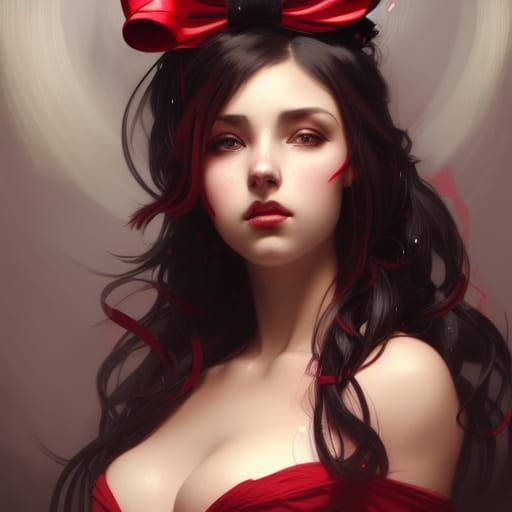 Seductive Woman with Red Bow, Hyperdetailed Portrait