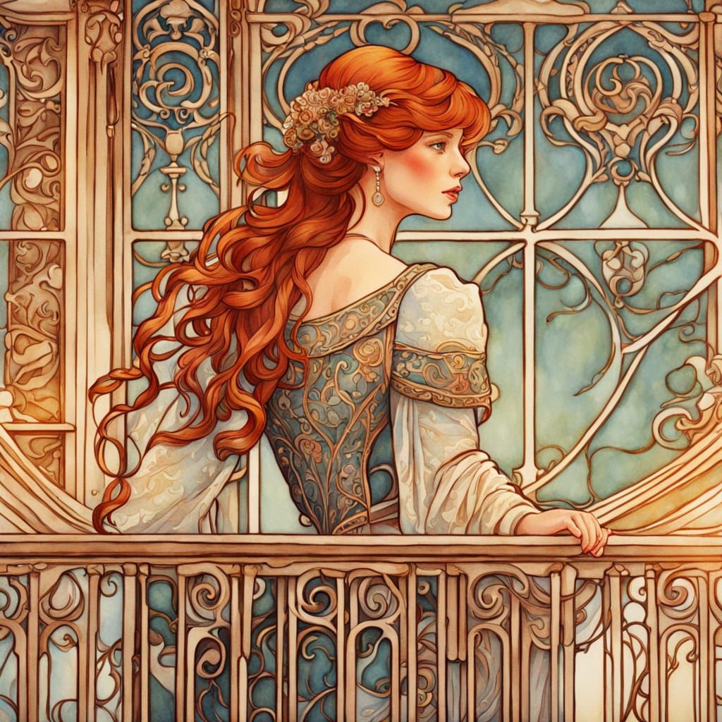 Art Nouveau Redhead on Balcony in Paris