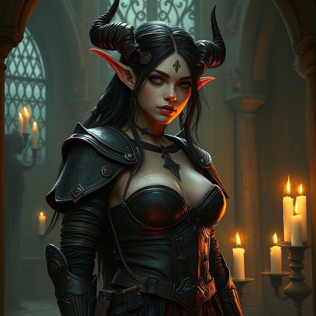 Tiefling Girl in Candlelit Chamber, Dark Fantasy Style