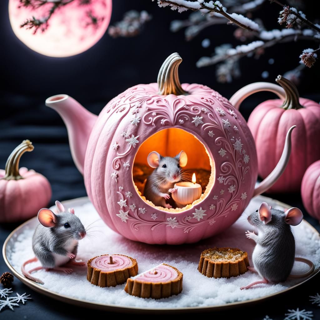 Mice Tea Party in Pink Pumpkin, Watercolor Winter