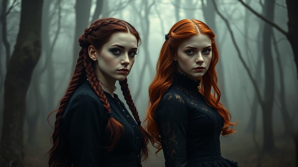 Victorian Eerie Forest Scene with Two Girls