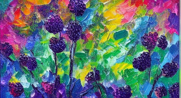 blackberries neo-impressionism expressionist style oil painting, smooth post-impressionist impasto acrylic painting, thi...