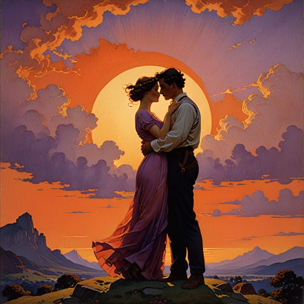 Romantic Couple Silhouettes in Vibrant Sunset