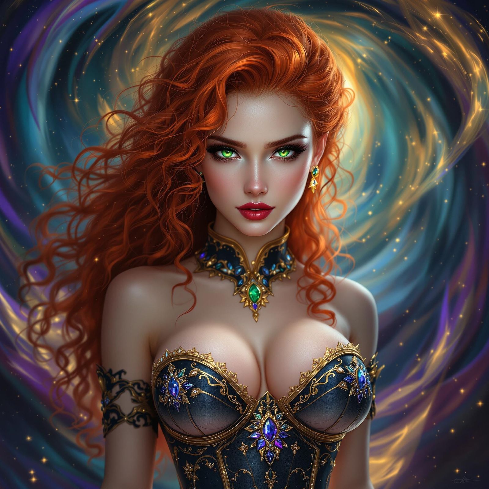 Hyperrealistic Goddess with Vibrant Red Hair and Emerald Eye...