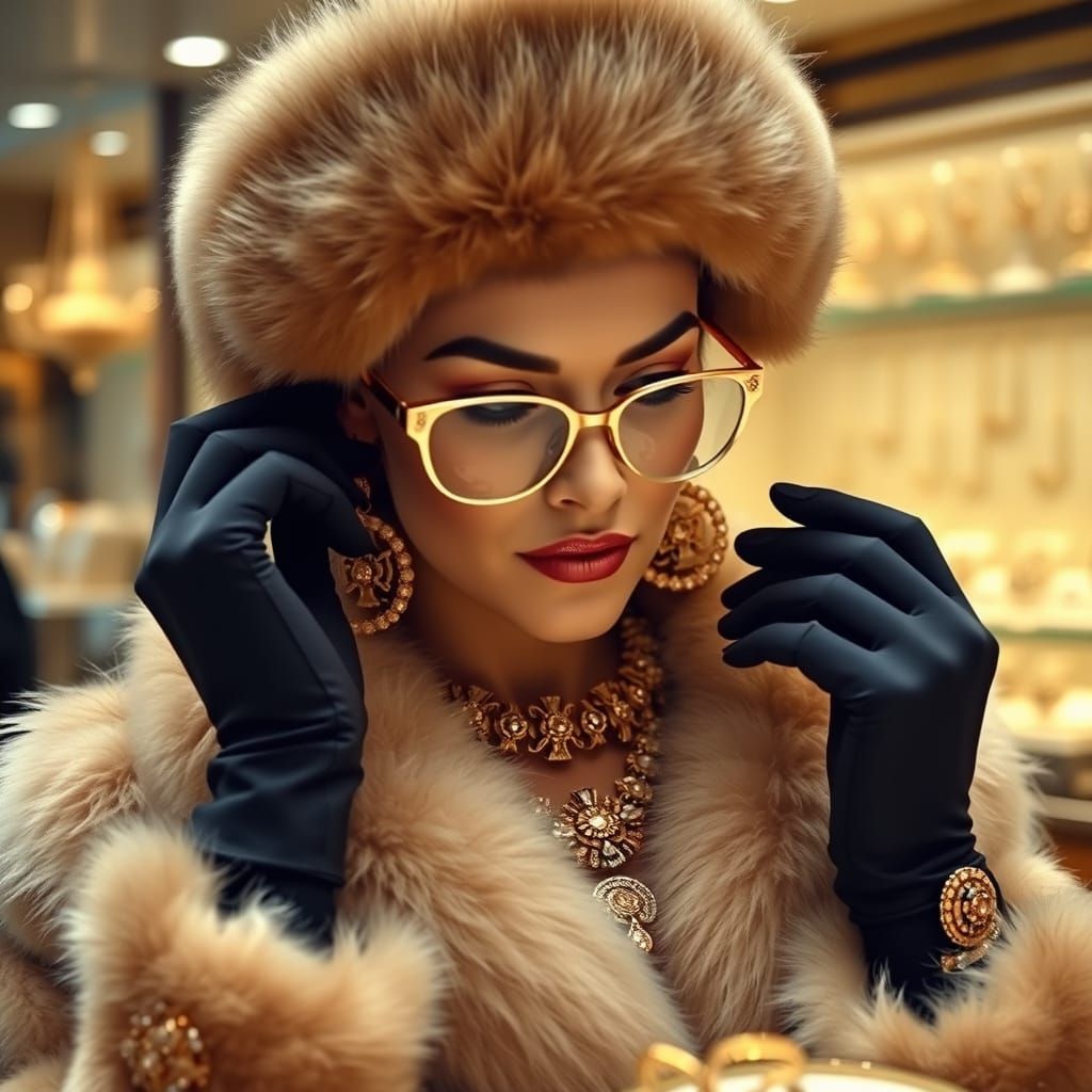 Elegant Lady in Luxurious Gold Jewelry Store