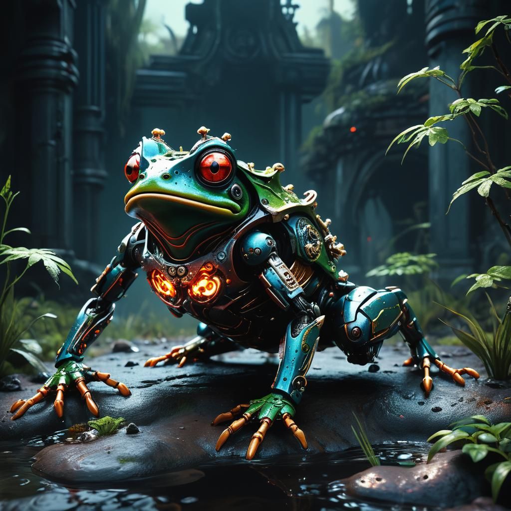 Menacing Robot Frog in Detailed Matte Painting
