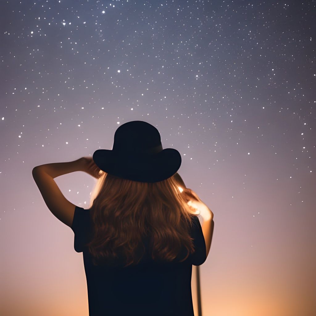 Beautiful girl with long hair wearing hat looking at the stars at night