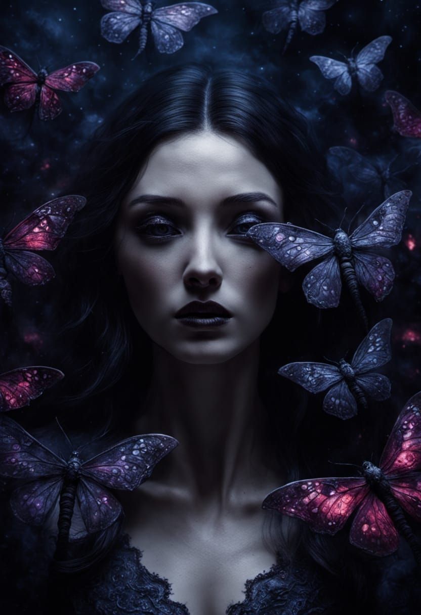 Cosmic Horror Art: Woman and Moths in Ethereal Mist