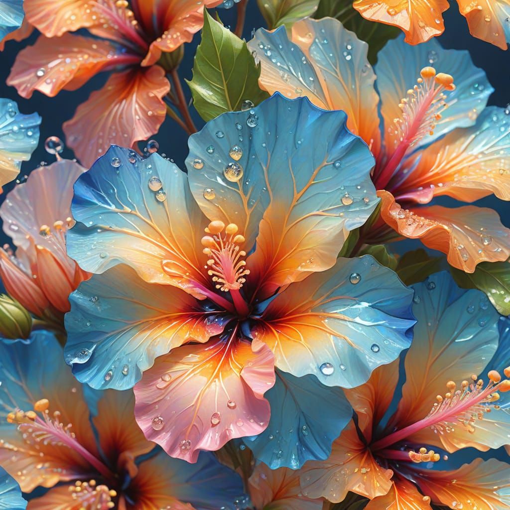 Crystal Hibiscus Flowers in Vibrant Oil Painting Style