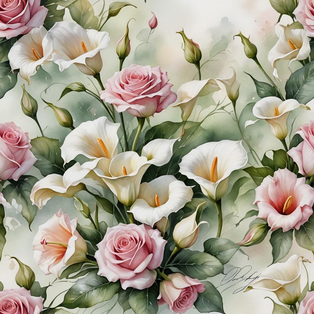 Watercolor Bouquet with Roses, Lilies and Ladybug