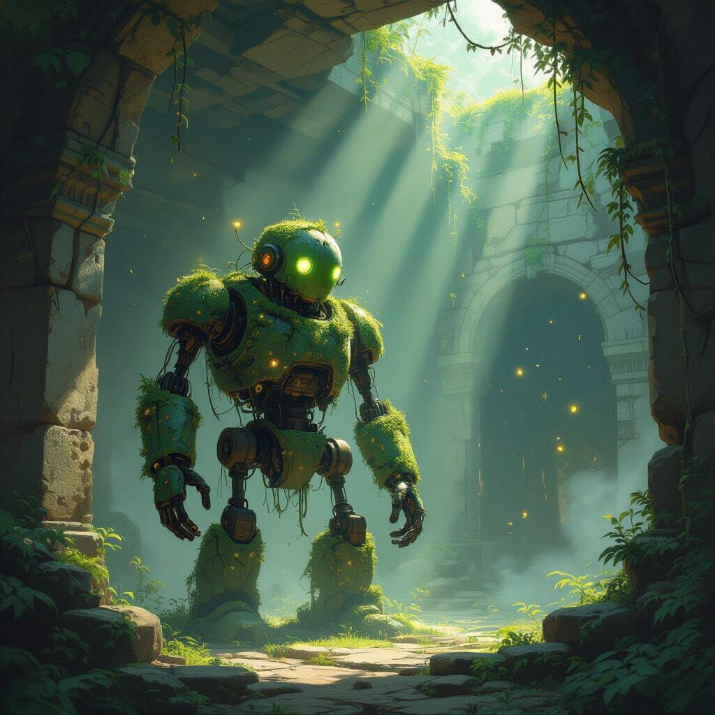 Ancient Automaton in Overgrown Temple, Sunlight and Fungi