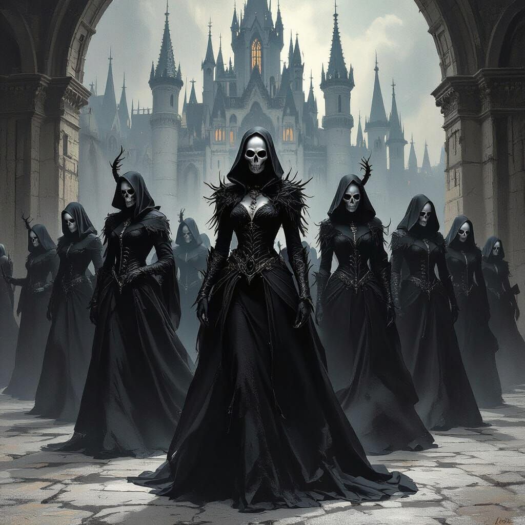 Menacing Figures in Skull Masks at Ominous Castle Ball