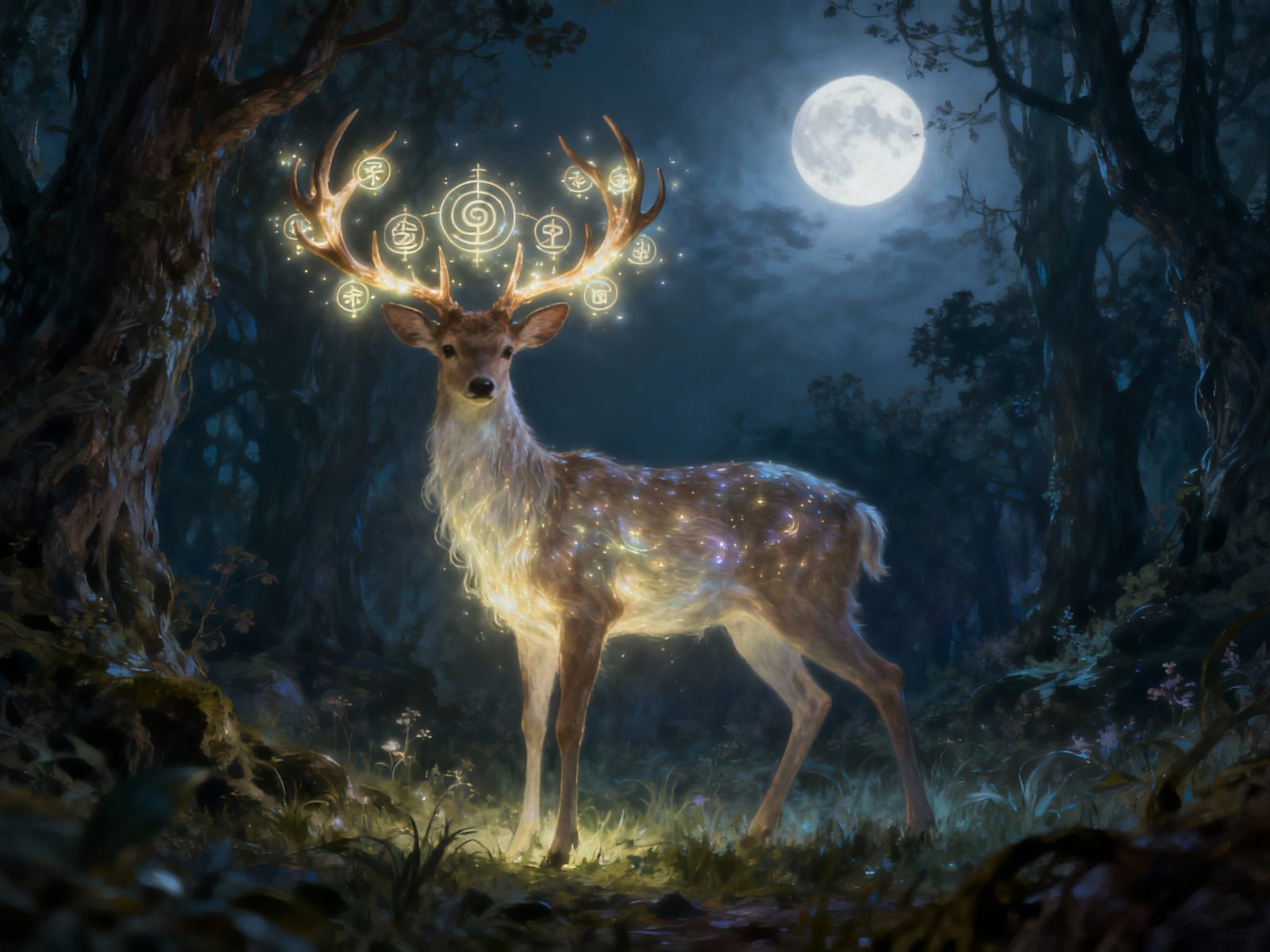 Mystical Deer in Moonlit Forest with Glowing Antlers