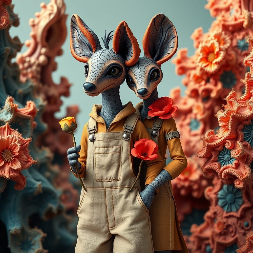 Vibrant Cartoon Creatures Pose Amidst Bismuth Fractals