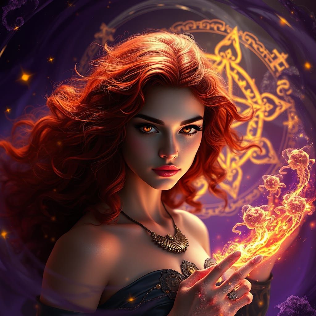 Mystical Sorceress in Vortex of Ancient Symbols