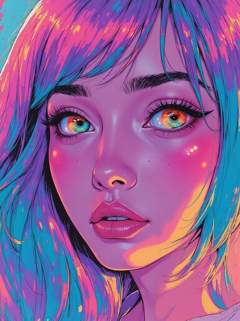 Transcendent Portrait of Alluring Woman in Neon Pop Art Styl...
