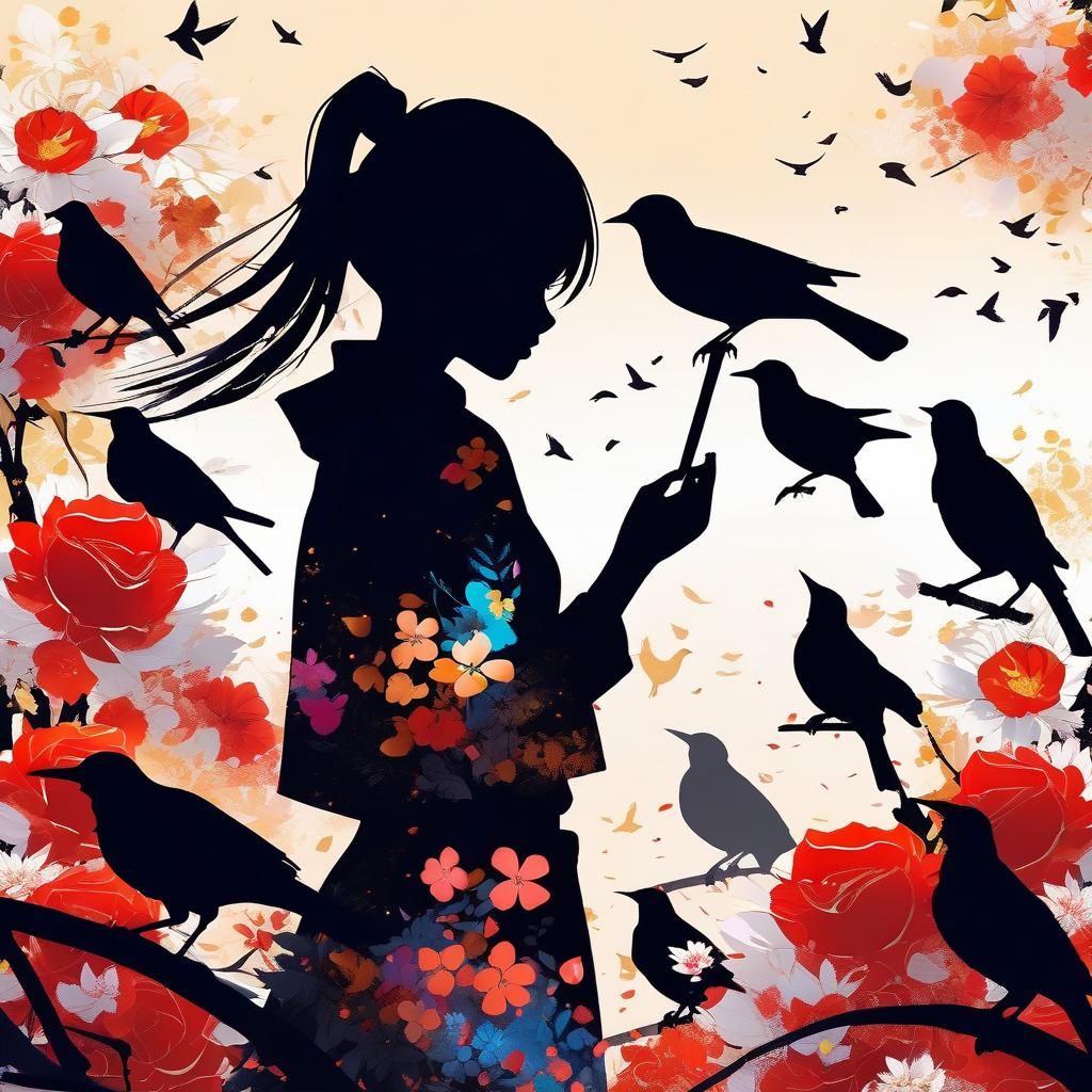 Anime Girl Silhouette with Floral Birds: Painterly Art
