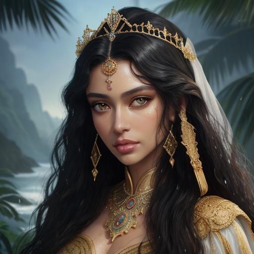 Ethereal Biracial Princess with Green Eyes in Gouache Style