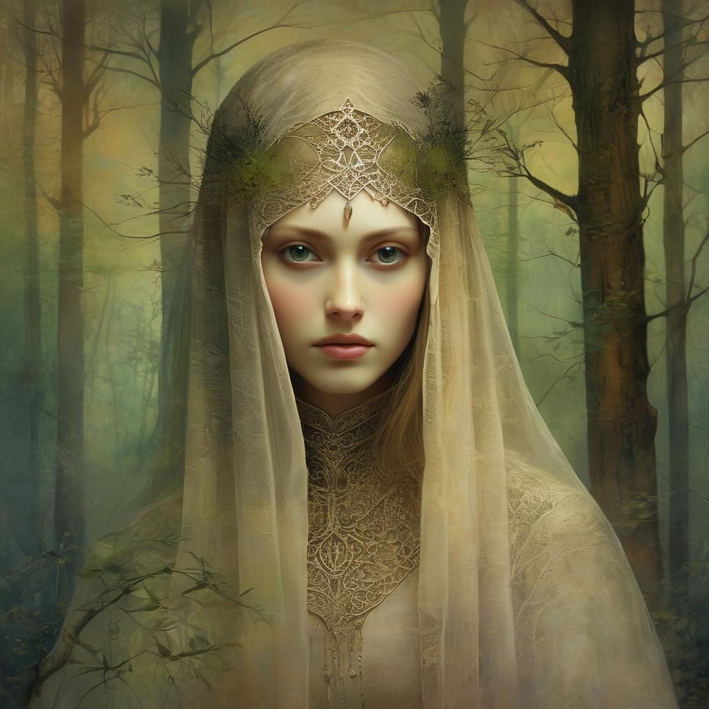 Veiled Lady in Forest, Symbolic Mixed Media Art