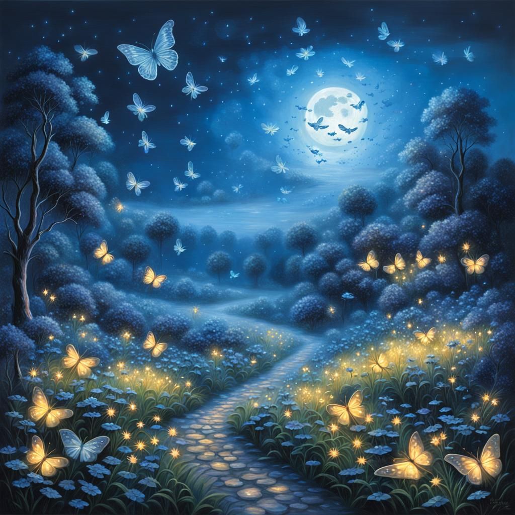 Firefly Butterfly in Moonlight: Hyperdetailed 3D Oil Paintin...