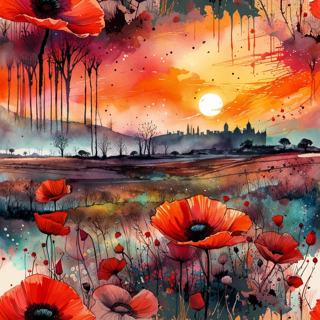 Luminous Watercolor Poppy Field at Sunset