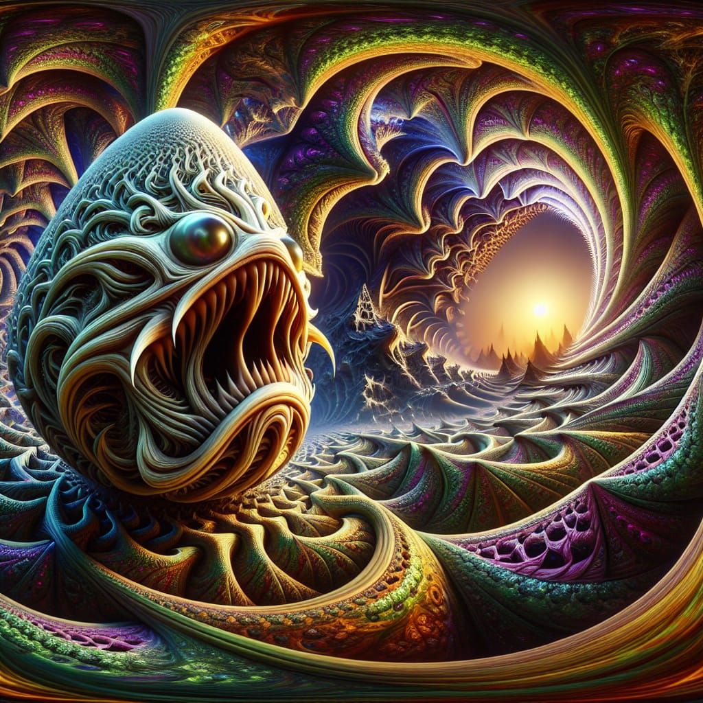 Kappa Hatching in Chromatic Surrealist Landscape