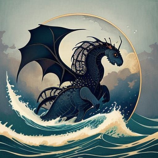 Cubist Dragon Emerges from Icy Ocean Waves