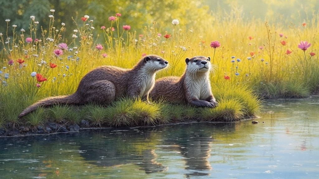 Whimsical Otter Duo Basks in Colourful Summer Meadow