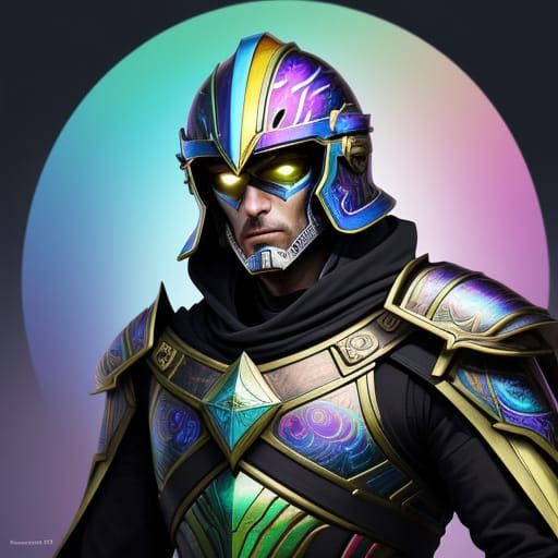 Concept Art: Man in Gleaming Helmet with Abstract Colorful B...