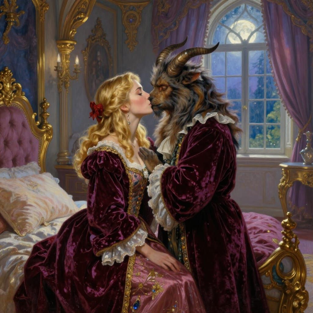 Fairytale Kiss: Woman and Beast in Opulent Castle