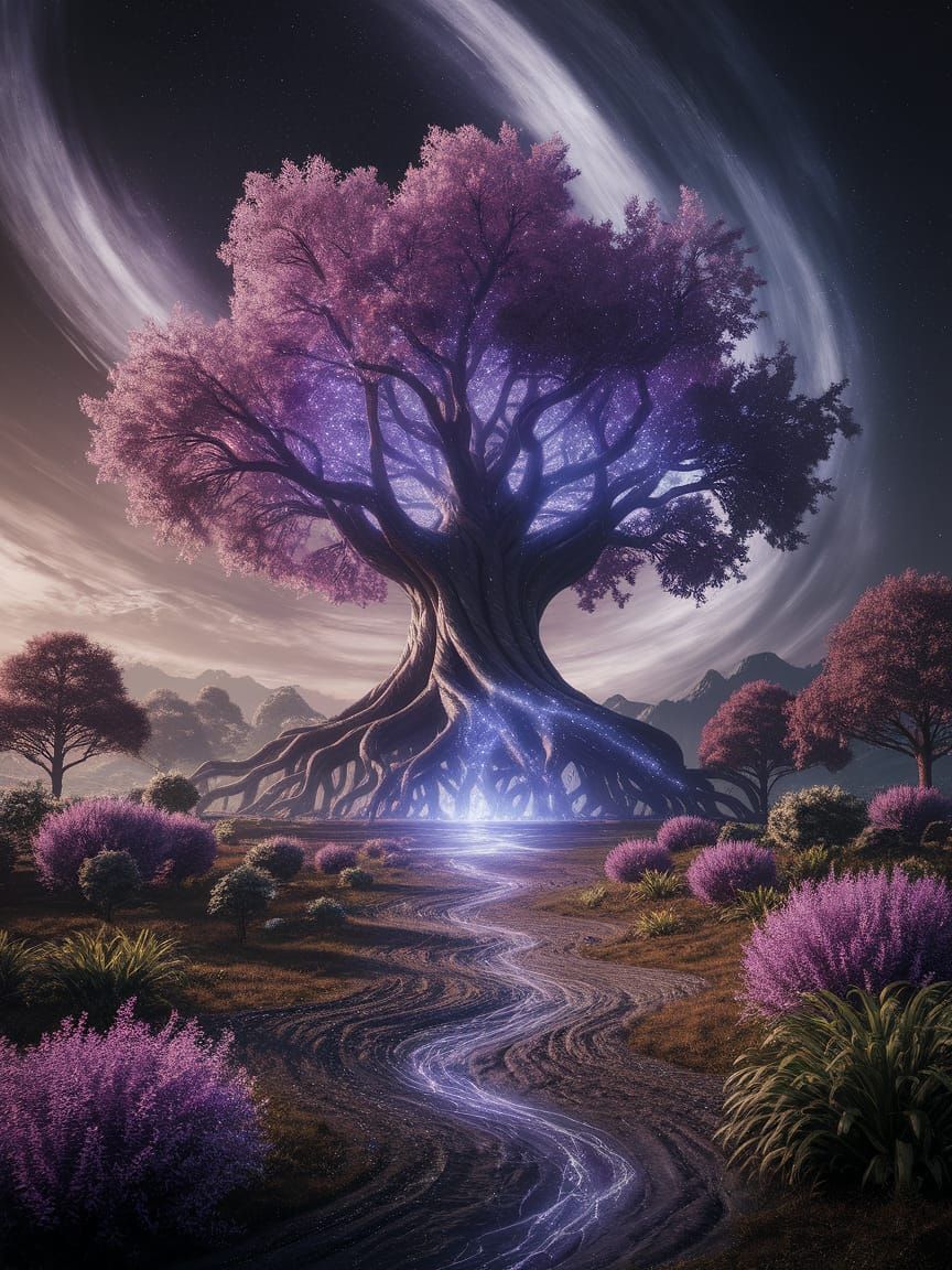 Ancient Bioluminescent Tree Under Nebula Sky
