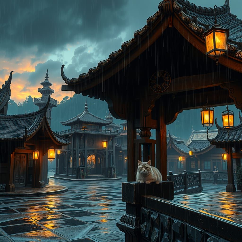 Cat Sheltering From Rain in Fantasy Cityscape