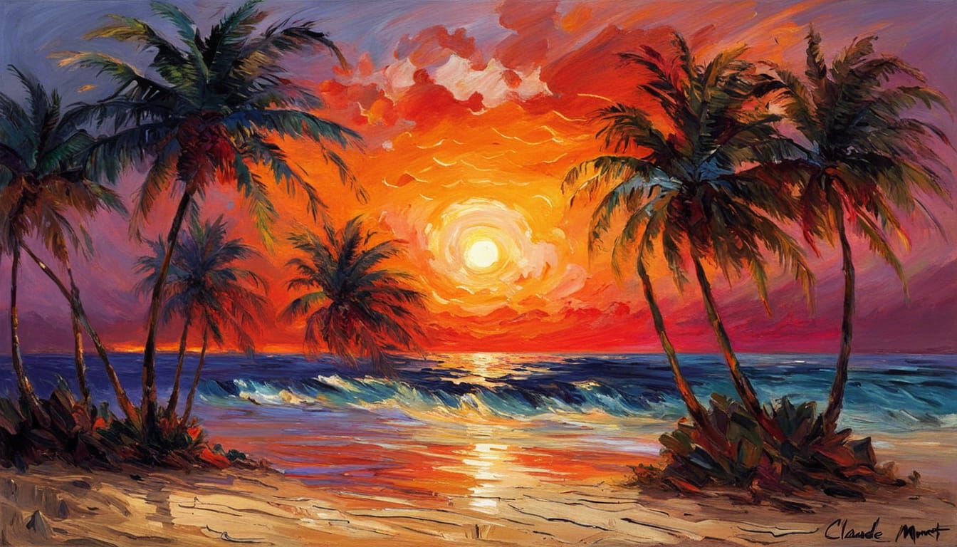 Tropical Island Sunset in Impressionist Style