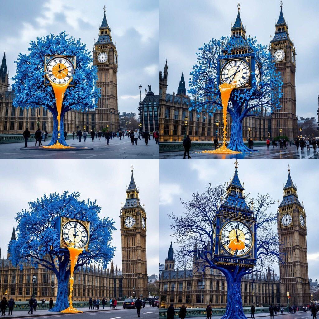 Surreal Blue Tree and Orange Juice Clock Tower